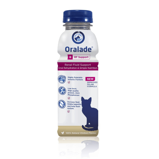 Pink and white bottle of Oralade for cats