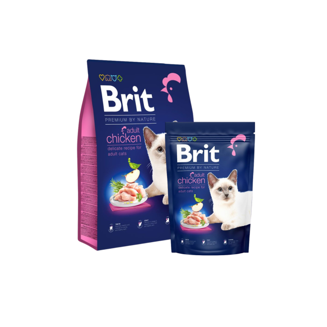 Brit premium blue bag with pink writing and white cat adult cat food