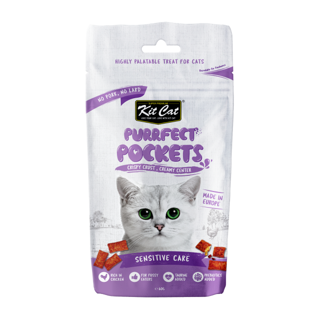 pack shot of the treats with a cat image and treats