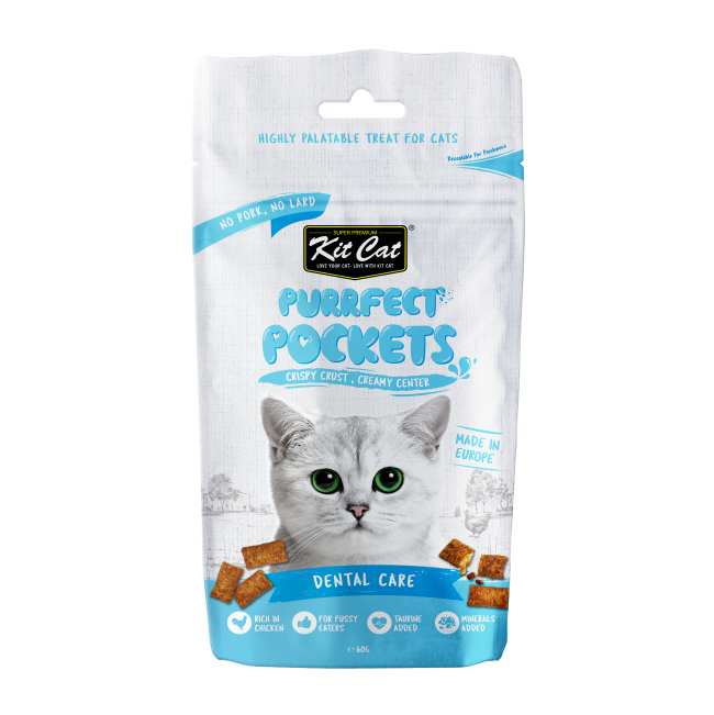 pack shot of the treats with a cat image and treats