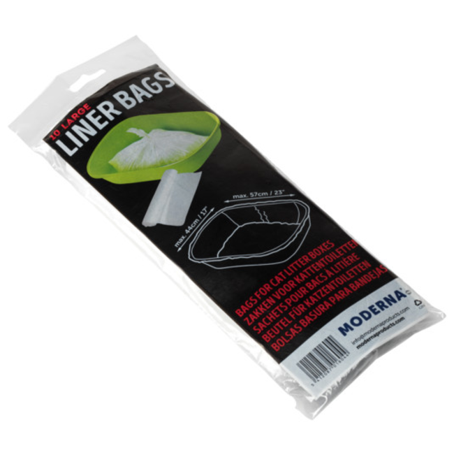 images of the packaging, drawing of a litter box with measurements for a large bag