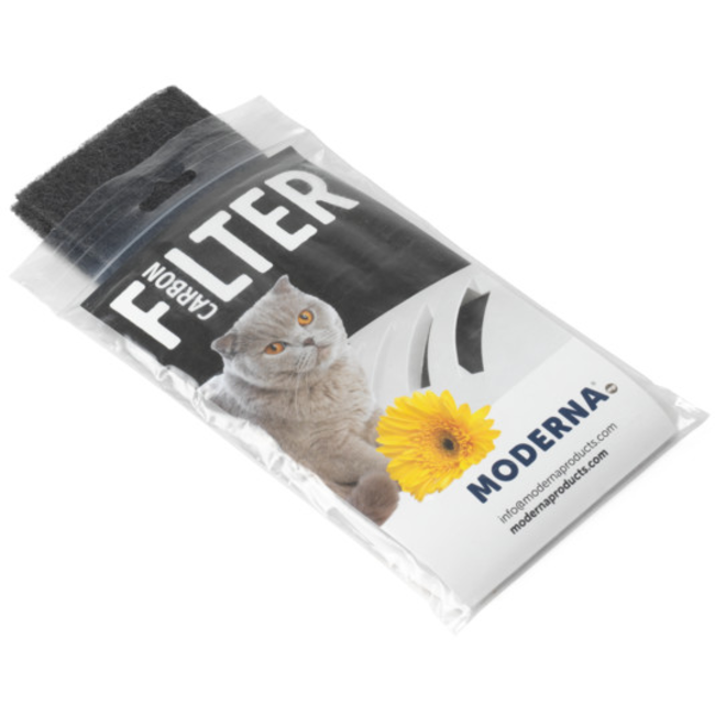 carbon filter in packer showing cat and flower on packaging