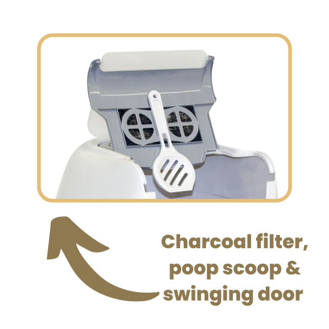 charcoal filter, poop scoop and swinging door feature
