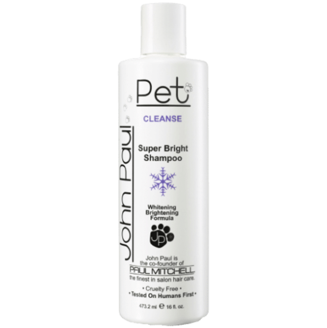White bottle of John Paul Pet Super Bright dog & cat shampoo