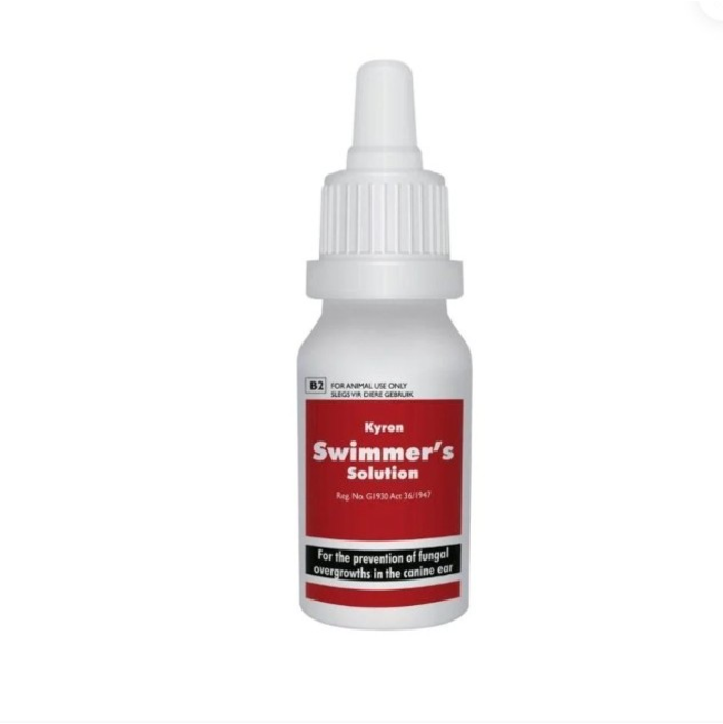 Red & white bottle of ear drops for dogs