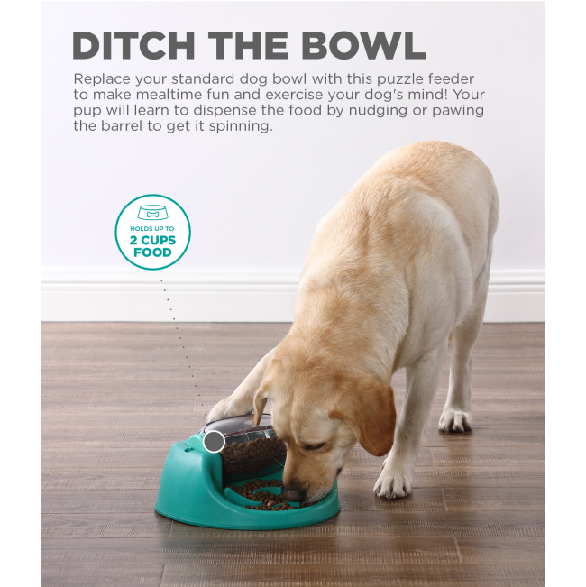 dog using toy and info about it filing 2 cups
