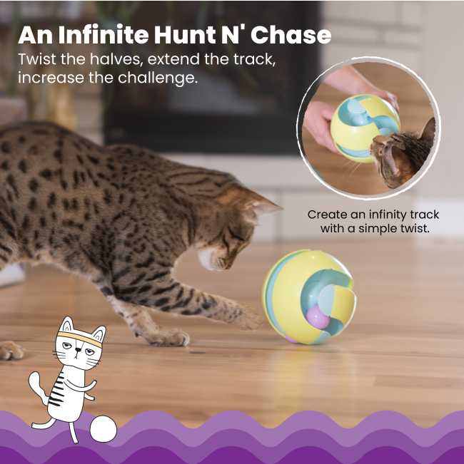 directions for twisting the toy to roll and for cat to play