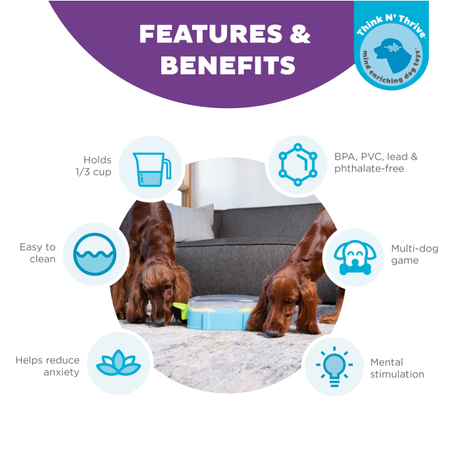 features & benefits of the puzzle toy with an image of two dogs playing with toy