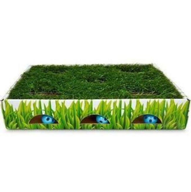 side view of box showing off the balls, grass & some hidden compartments