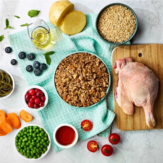 images of raw ingredients in this recipe and bowl of the naturo pouch emptied out