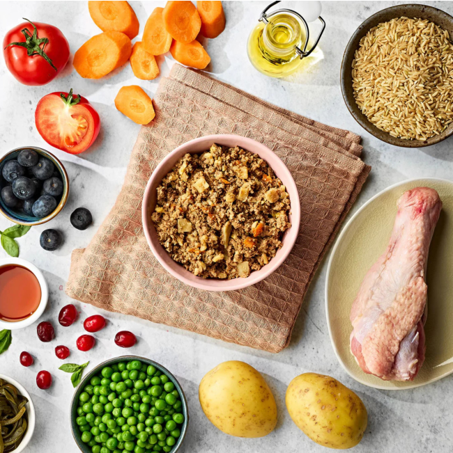 images of raw ingredients in this recipe and bowl of the naturo pouch emptied out