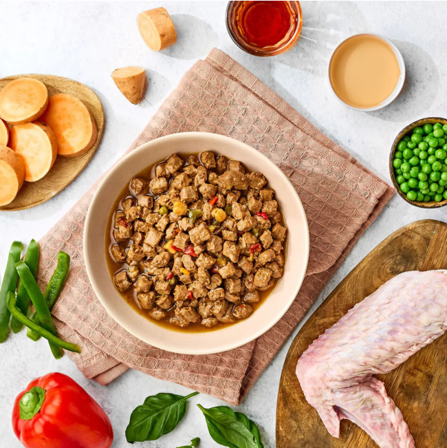 images of raw ingredients in this recipe and bowl of the naturo pouch emptied out