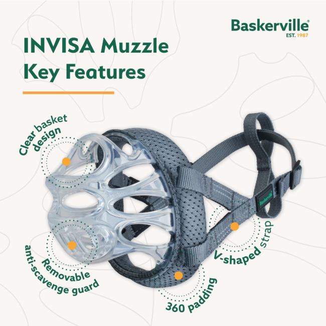 muzzle features all around padding, clear design, removable anti-scavenge guard and v-shaped strap