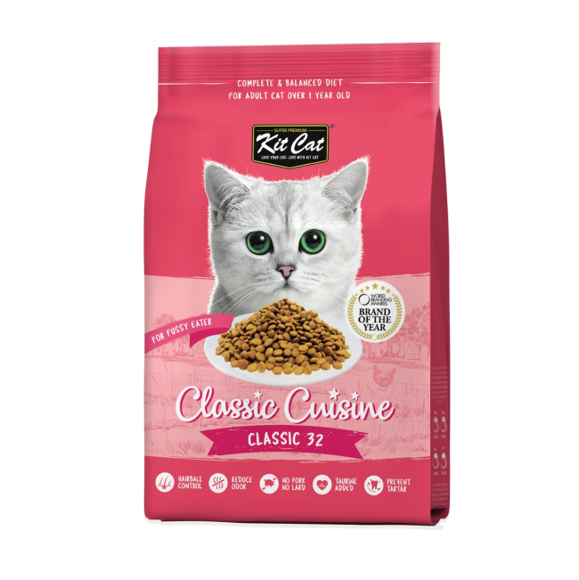 Kit Cat Dry Adult Cat Food Classic 32 in dark pink packaging