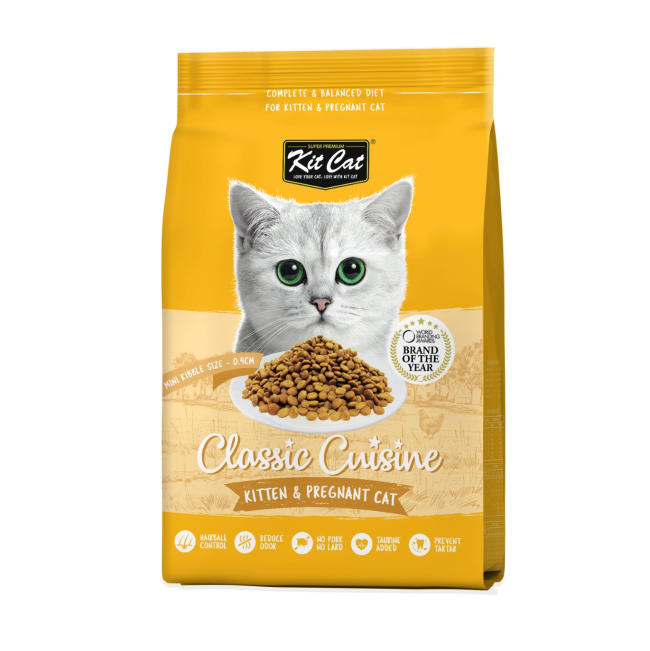 Kit Cat Dry Kitten And Pregnant Adult Cat Food yellow packaging