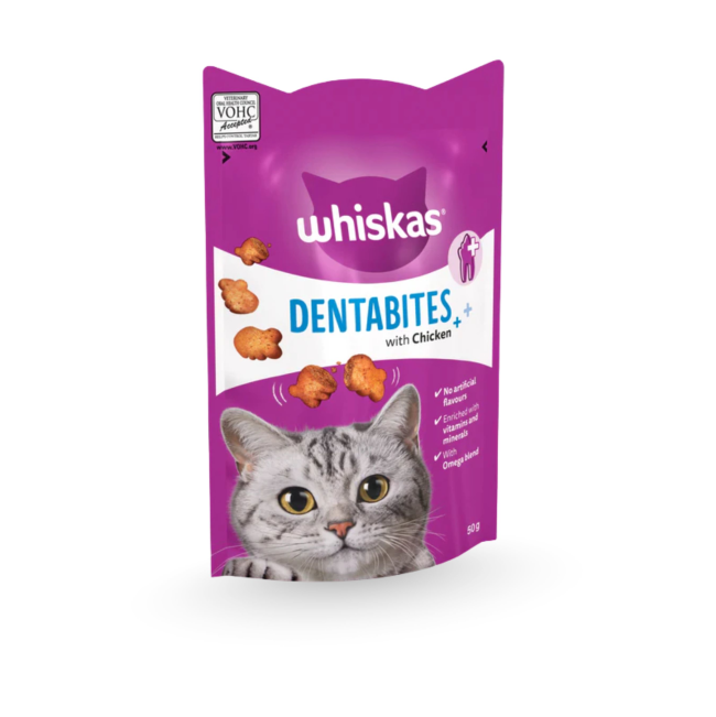Purple Whiskas bag of Chicken DentaBites Cat treats