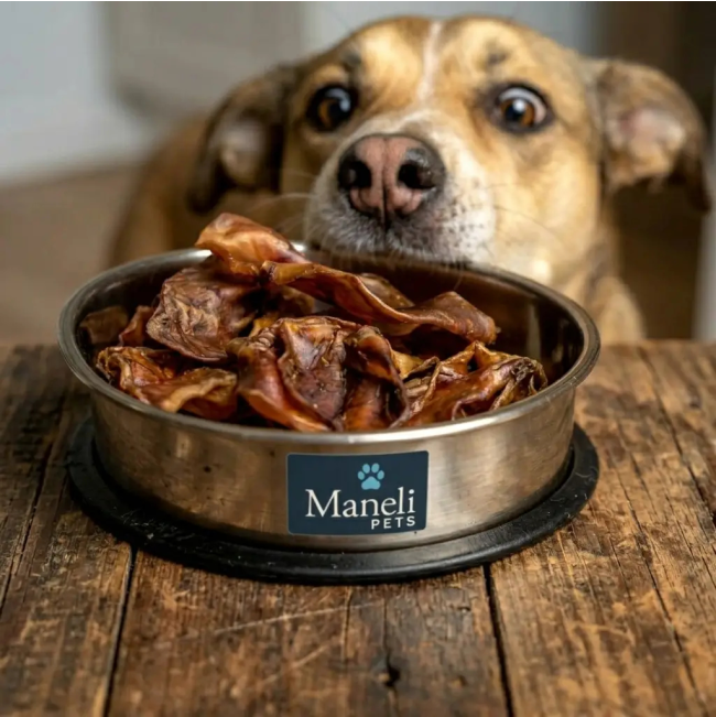 pig ears in a Maneli Pets bowl with dog staring at the food with googly eyes