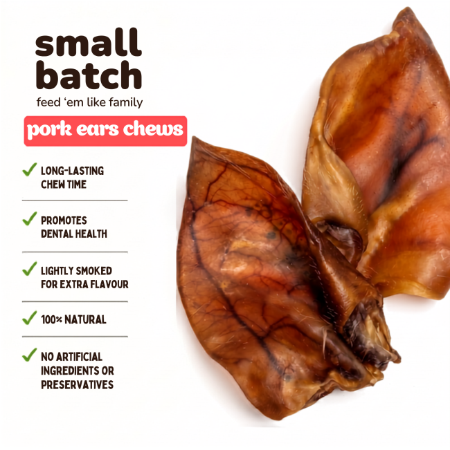 One pig ear in centre with 5 bullet points around with key benefits