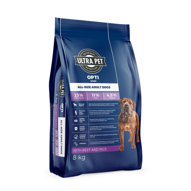 OptiWoof Adult Dog Food - Beef & Rice in dark blue packaging