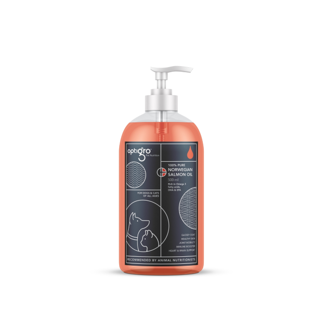 Norwegian Salmon Oil Nutritional Supplement For Dogs & Cats orange liquid in clear bottle