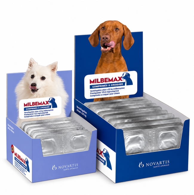 Purple box with individual grey packets of chewable milbemax deworming tablets for small dogs and puppies