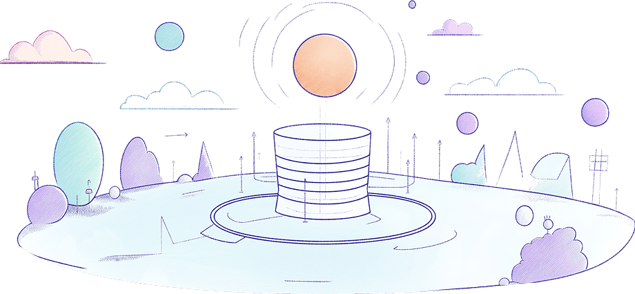 Stylized illustration of a central architectural core emitting light upward, surrounded by abstract landscape and symbolic elements representing foundational AI principles