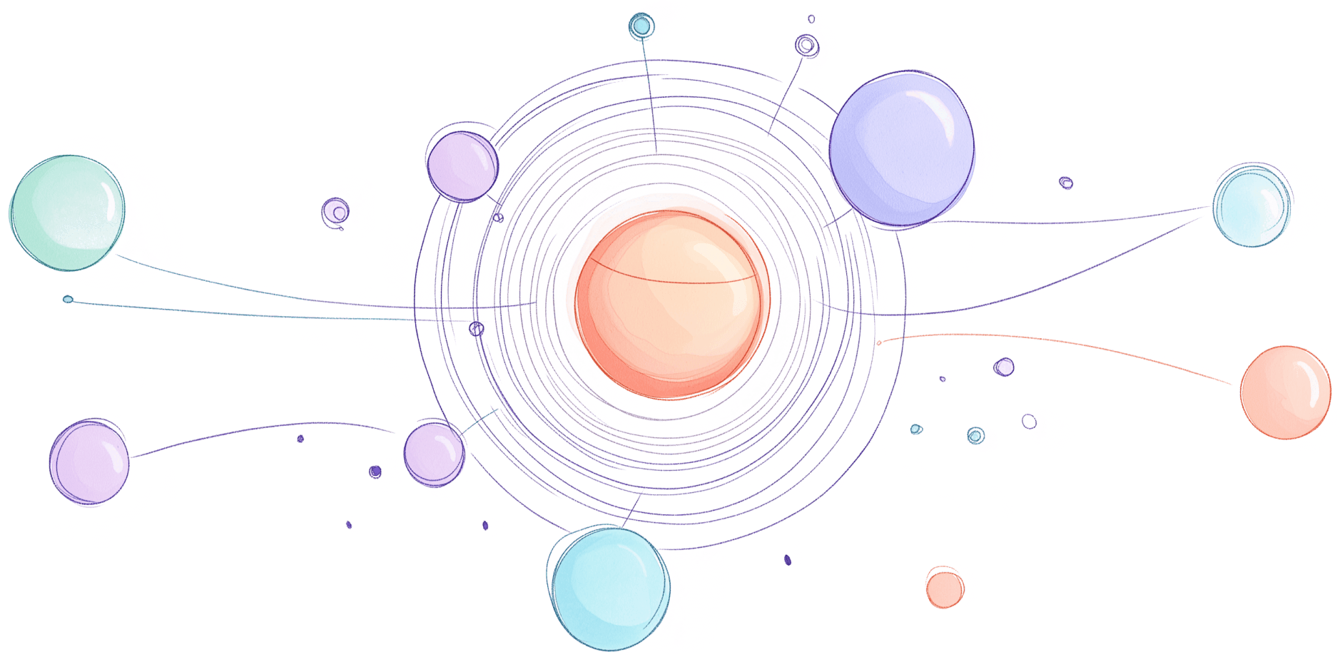 Radial schematic of connected glowing spheres representing structured AI systems