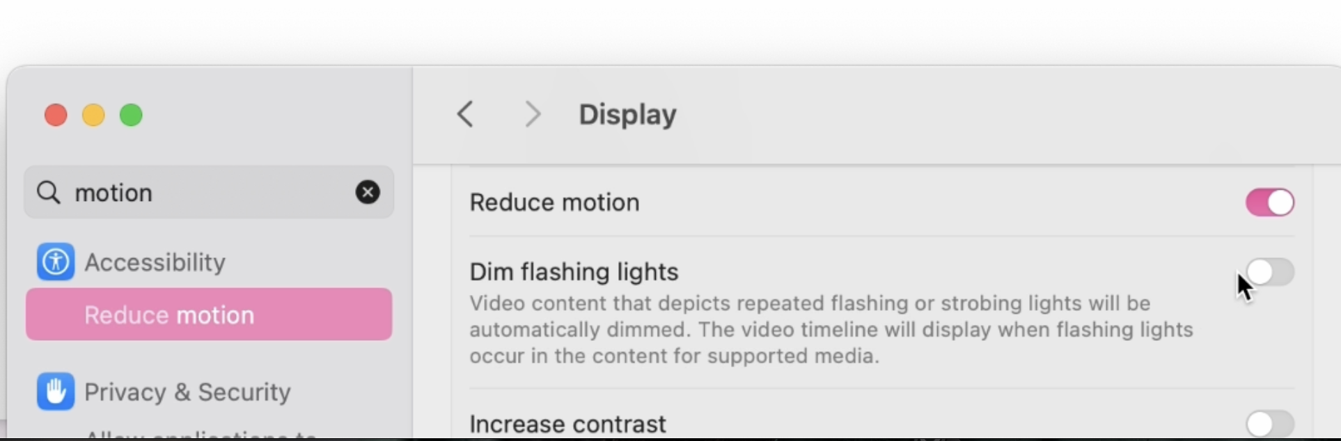 photo of reduce motion setting on Mac OS