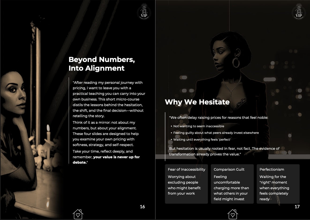 A spread from the Pricing with Heart micro-course, headed Beyond Numbers, Into Alignment and Why We Hesitate