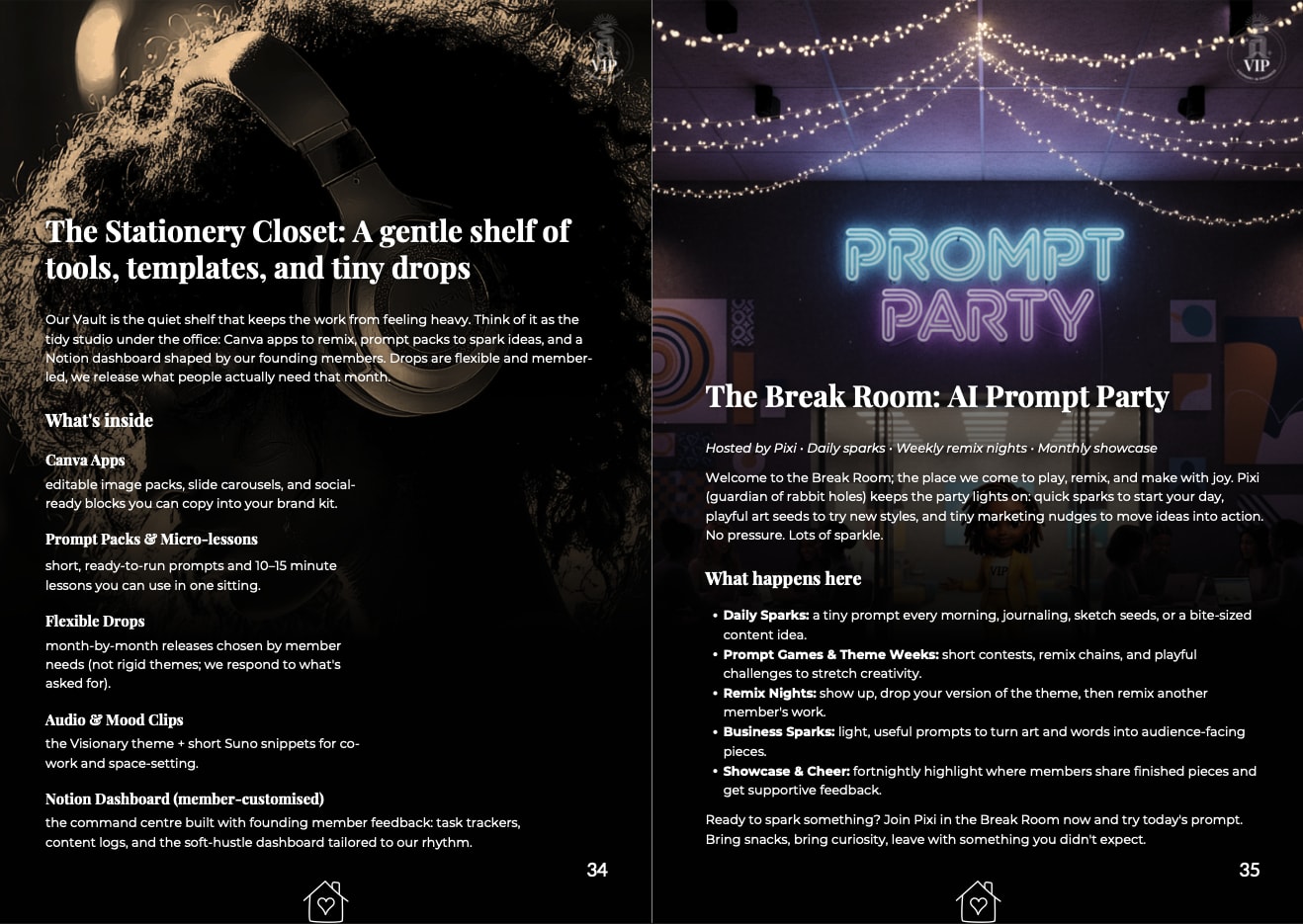 A spread introducing the Stationery Closet and the Break Room AI Prompt Party