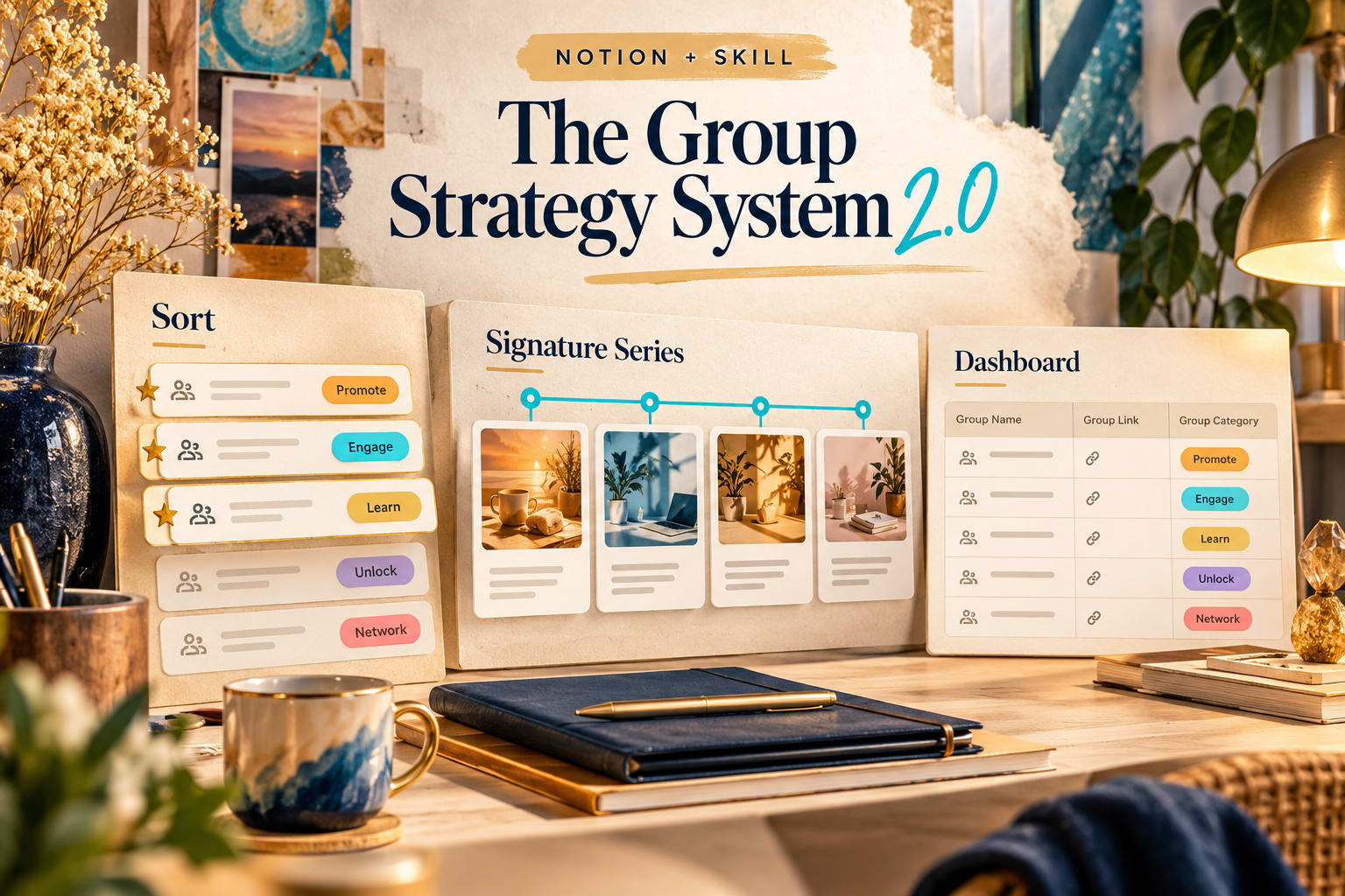 The Group Strategy System 2.0 on a desk: Sort, Signature Series and Dashboard panels with group categories Promote, Engage, Learn, Unlock and Network.