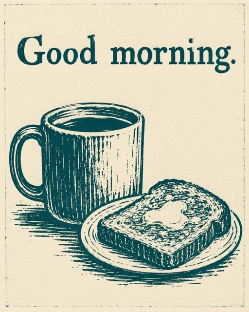 Example post image from the Rising Muse Challenge: a linocut mug and toast with the words Good morning.