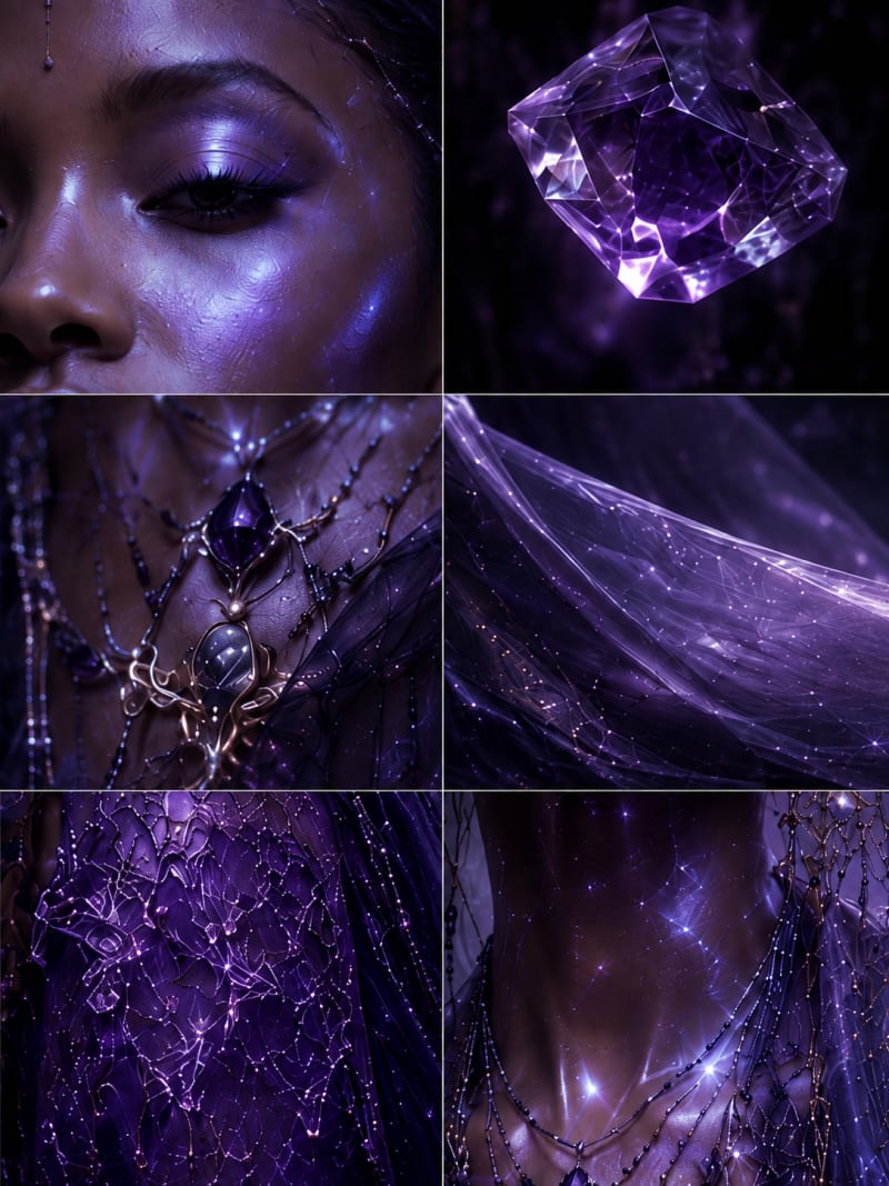 A materials and light study: panels of skin sheen, crystal refraction, metalwork, satin drape and lace under violet twilight