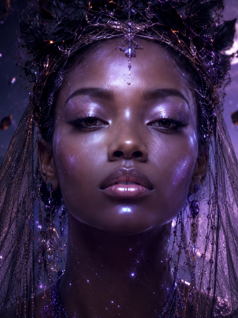 The subject against a plain violet ground, showing her expression, her stance and how the veiling falls
