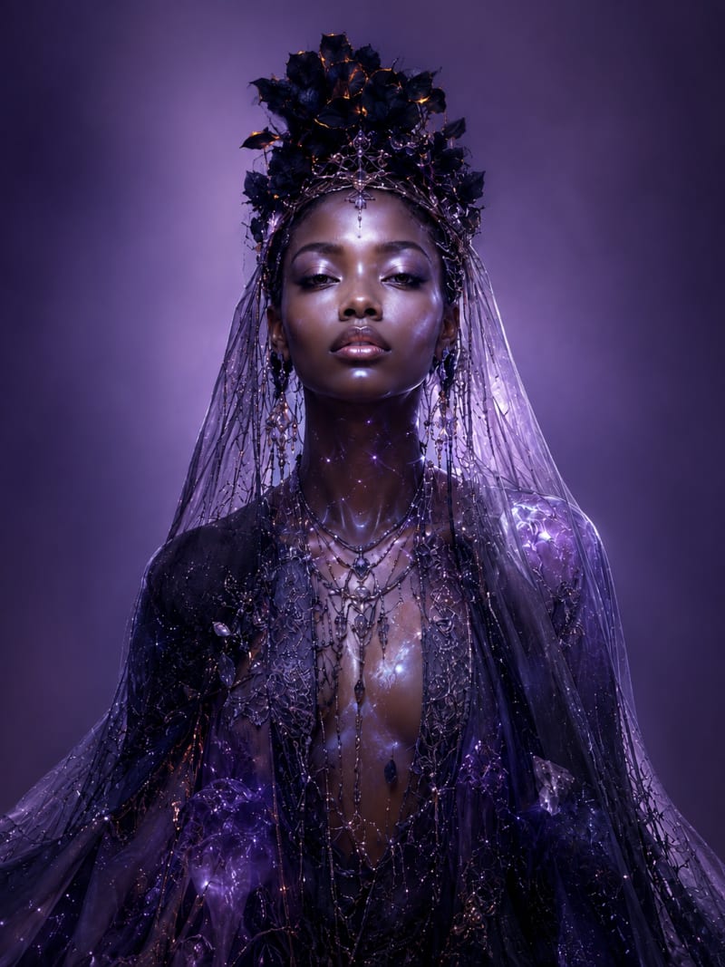 Close study of the subject: her face, the violet sheen across her skin, and the jewelled headpiece above it