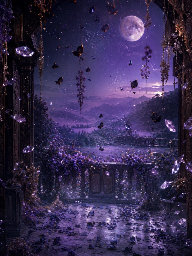 The world without her in it: a moonlit balcony of flowering vines, drifting petals and suspended amethyst crystals