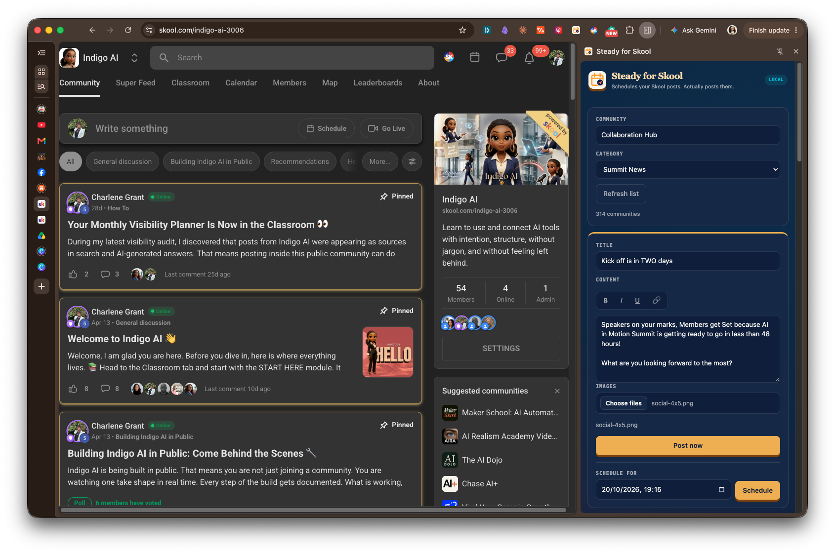The Steady for Skool extension open beside a Skool community, with community, category, title, content, image, and schedule date and time filled in.