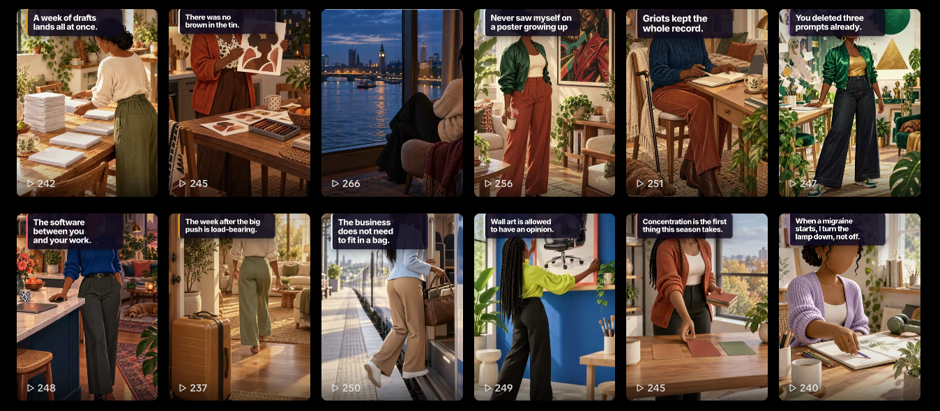 A TikTok profile grid of twelve recent reels, each a different illustrated scene with a short text card on it.