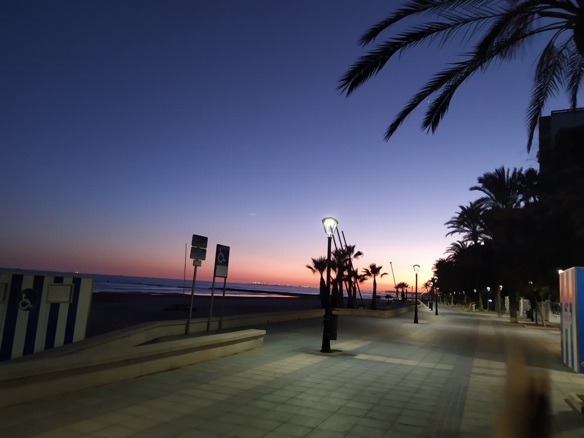 Atardecer en el paseo marítimo de Benicàssim, con palmeras junto a la playa