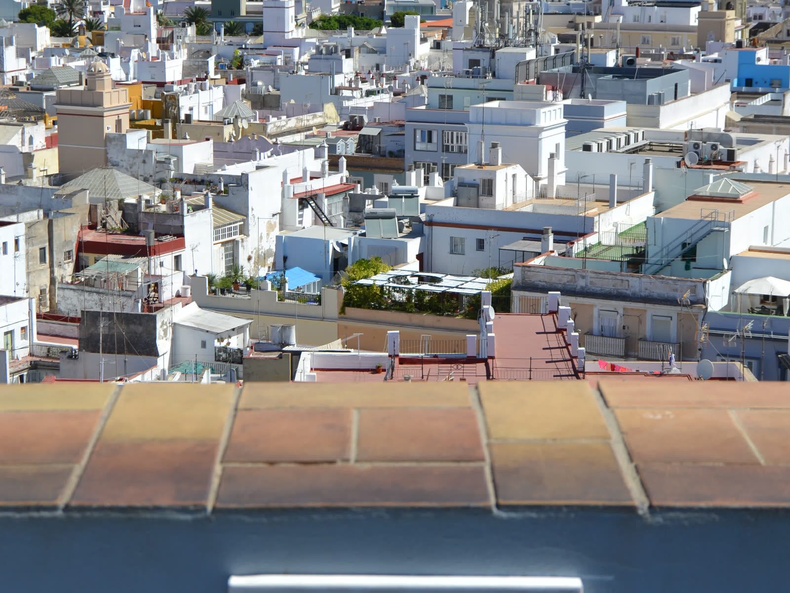 Vista elevada desde la Torre Tavira sobre los tejados del casco antiguo de Cádiz, con el mar al fondo