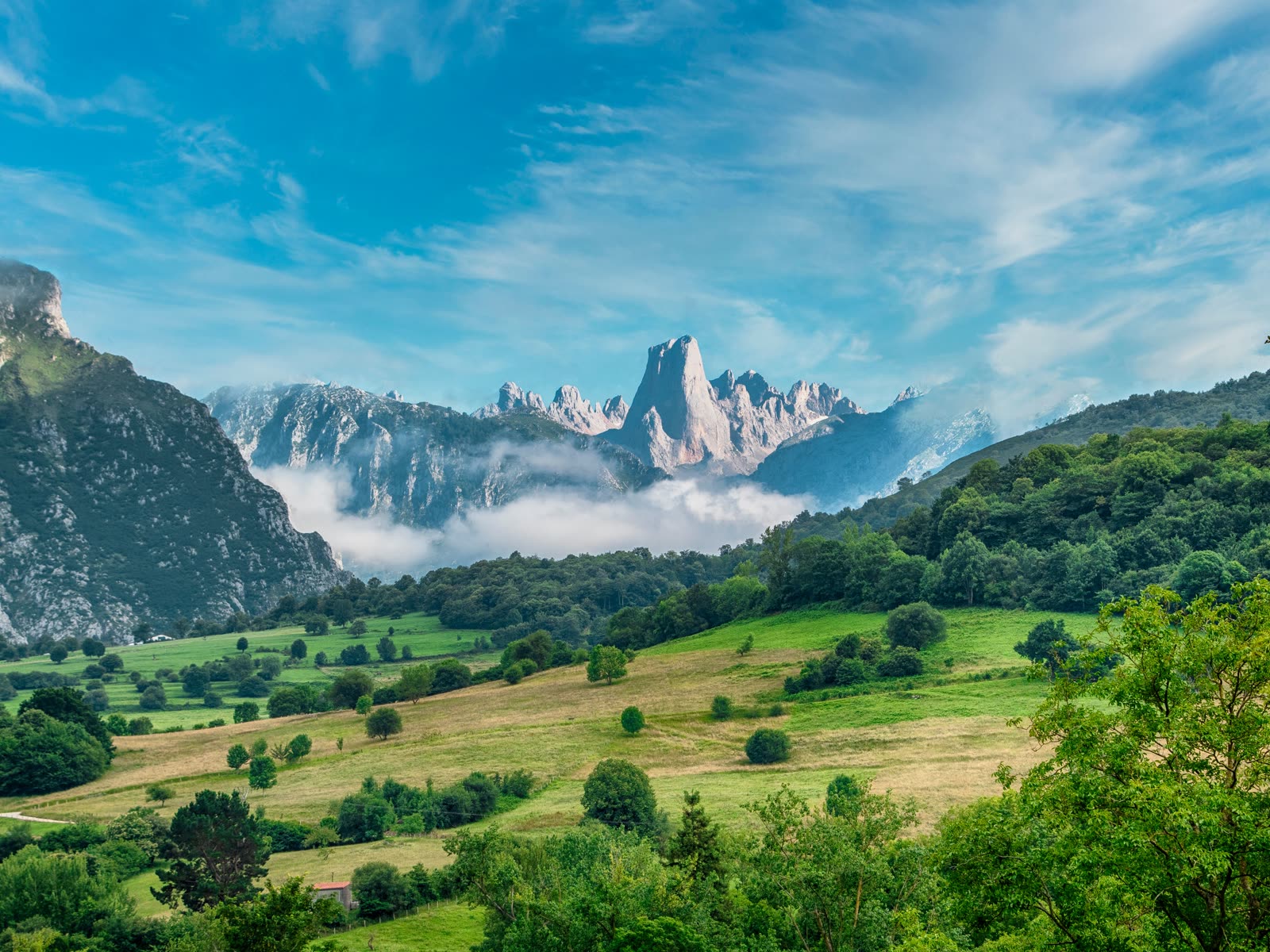 Valle verde rodeado de montañas rocosas en el entorno de los Picos de Europa