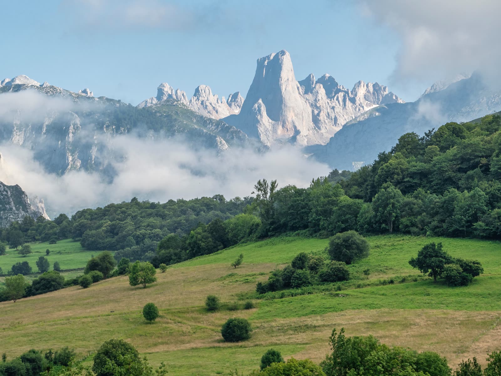 Vista panorámica del macizo de los Picos de Europa con sus valles verdes