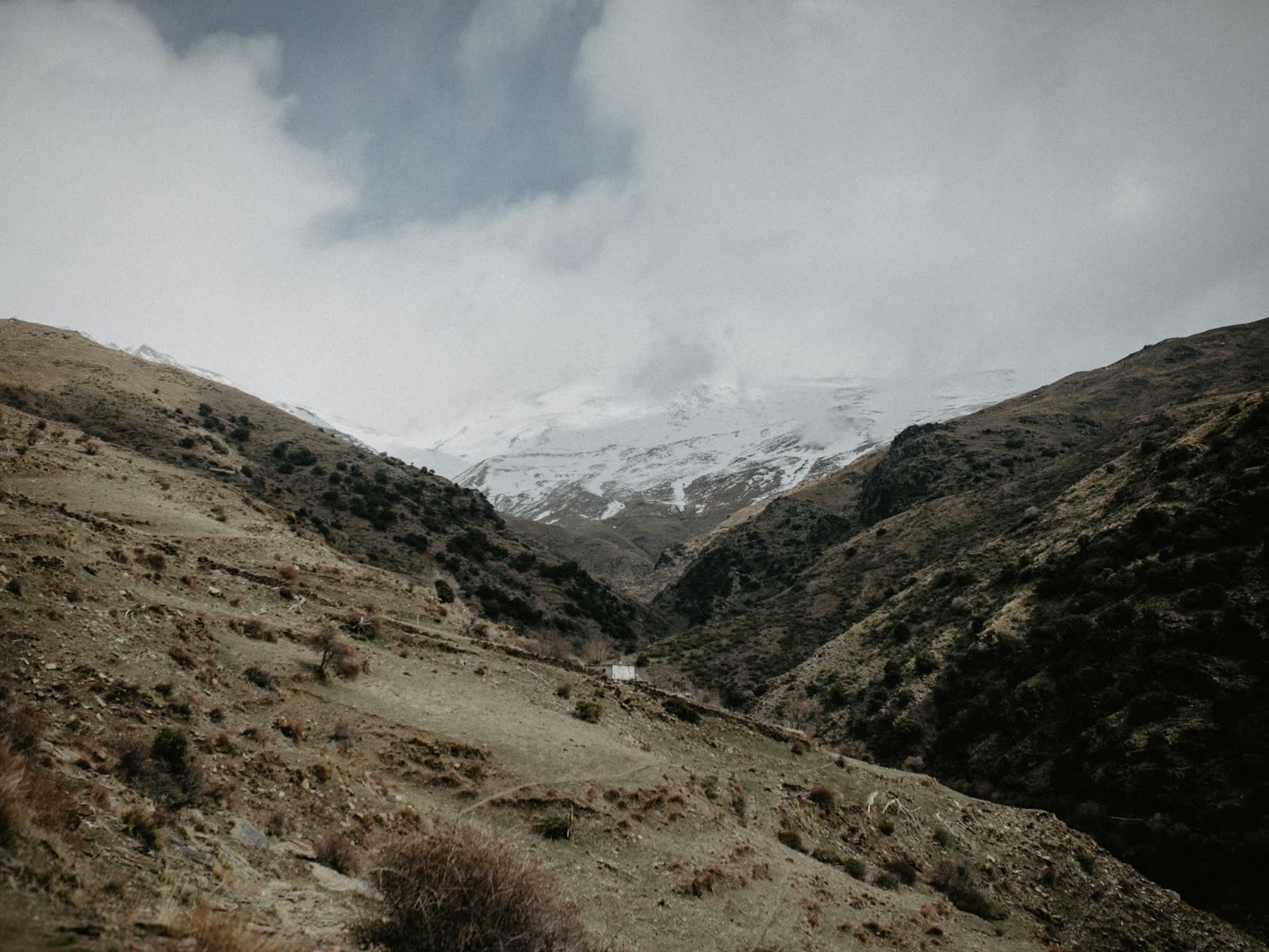 Sendero de montaña hacia el Mulhacén desde Capileira, con nieve residual en las cumbres