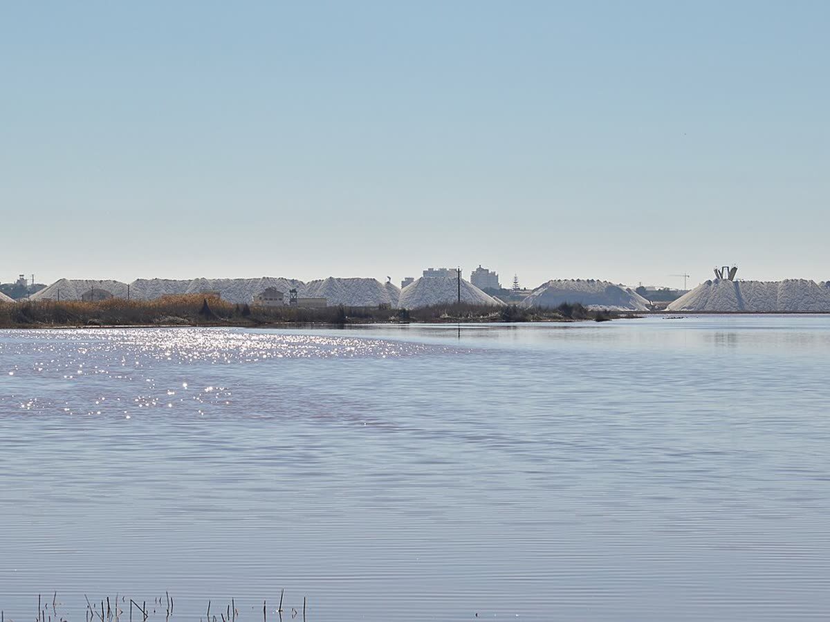 Laguna salada de Torrevieja con las montañas de sal junto a la orilla
