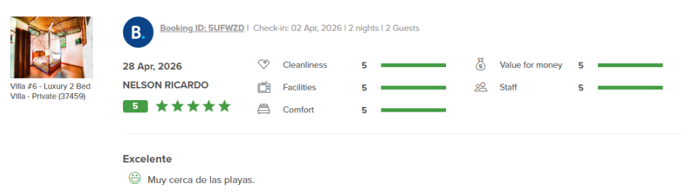 Booking.com Guest Review for Uva Blue Villas