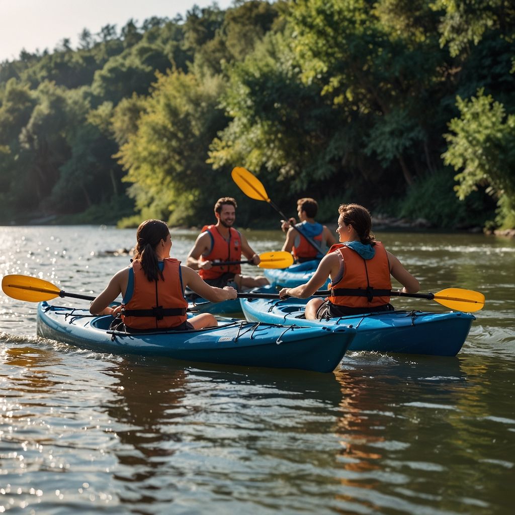 Gruppe von Freunden beim Kajakfahren auf einem Fluss – Spaß und Abenteuer in der Natur