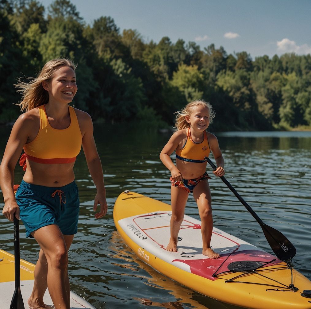 Familie beim Stand-Up-Paddling auf einem See – Spaß und Zusammenhalt