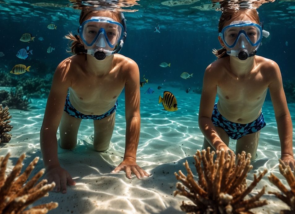 Kinder schnorcheln in klarem Wasser – Entdeckung und Abenteuer