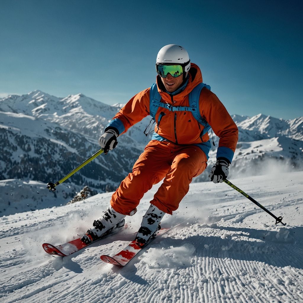 Alleinreisender Skifahrer auf einer verschneiten Piste zeigt Freude und Entschlossenheit