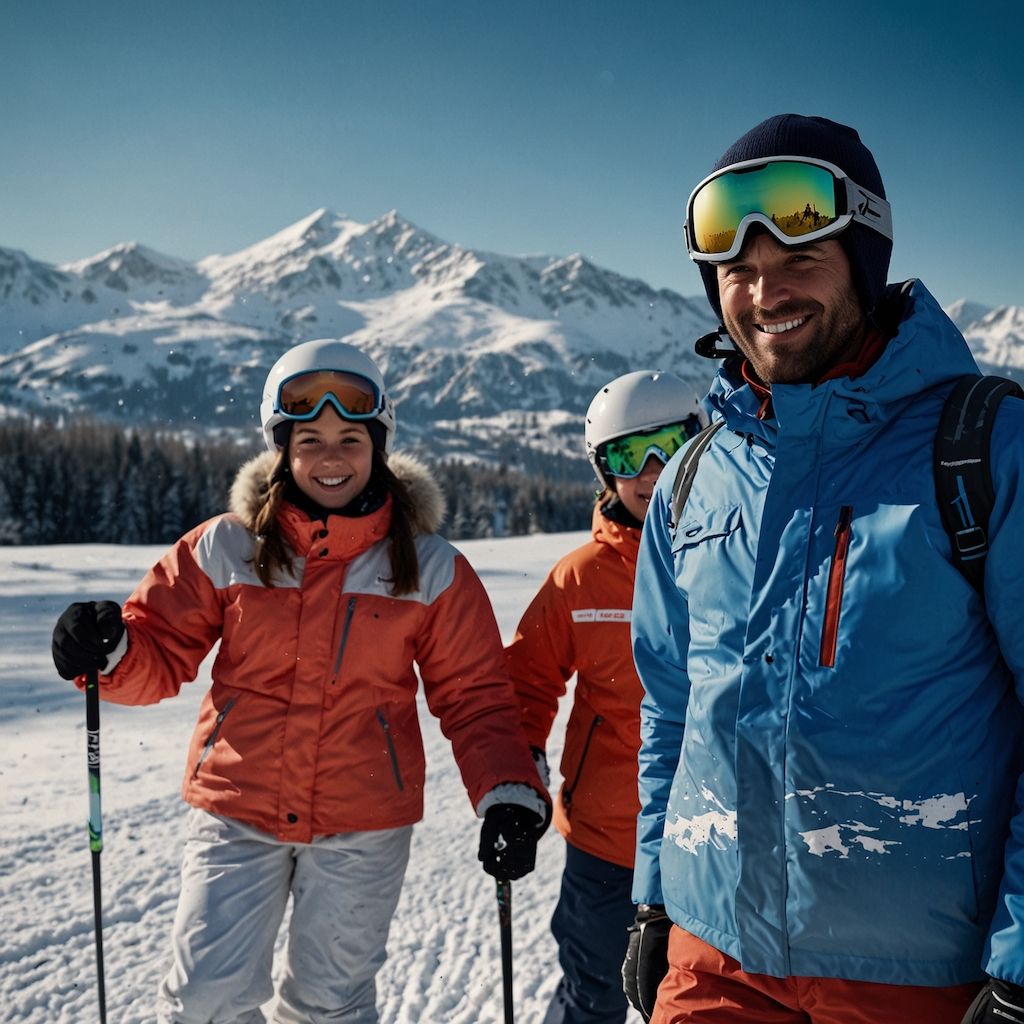 Familie beim Skifahren, Eltern führen Kinder die Piste hinunter